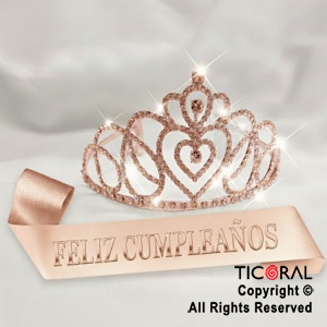 SET VINCHA Y BANDA FELIZ CUMPLEA�OS STRASS CORAZON ROSA GOLD (10548S) X 1